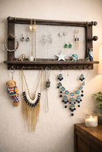 Load image into Gallery viewer, Rustic Jewellery Organizer - Wall Mounted Holder with Bracelet Rod & 16 Hooks
