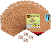 Load image into Gallery viewer, B&Z Self Adhesive Sticky Cork board Hexagon Tiles Mini Wall Bulletin Boards Pin Message Notice Board Wooden Push Pin Board | 2 THICKNESS - 2 SIZES - 5 PACKS