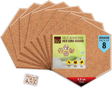 Load image into Gallery viewer, B&Z Self Adhesive Sticky Cork board Hexagon Tiles Mini Wall Bulletin Boards Pin Message Notice Board Wooden Push Pin Board | 2 THICKNESS - 2 SIZES - 5 PACKS