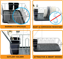 Load image into Gallery viewer, Nickle Dish Drying Rack with Dripping Tray & Cutlery Holder | Countertop Metal Dish Drainer Plate Organizer - CHROME BLACK | Anti Rust & Durable (44.5 x 33.5 x 12cm)
