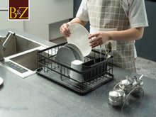 Load image into Gallery viewer, B&Z Rust proof Plastic Coated Large Dish Drying Rack, Over the Sink Dish Rack with Removable Utensil Holder Cutlery Tray for Kitchen - Mat Black