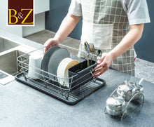 Load image into Gallery viewer, B&Z Rust Proof Plastic Coated Small Dish Drying Rack - Chrome & Black with Removable Utensil Holder Cutlery Tray | Anti Rust Over the Sink Dish Rack - 36 x 32.5 x 13.2cm