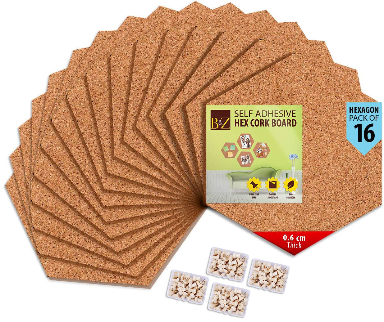 Juvale Self-Adhesive Hexagon Cork Board Tiles with Push Pins (7.8