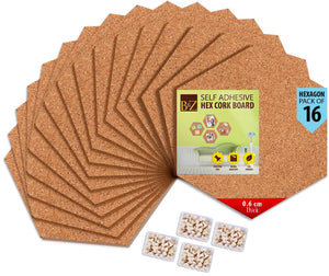 B&Z Self Adhesive Sticky Cork board Hexagon Tiles Mini Wall Bulletin Boards Pin Message Notice Board Wooden Push Pin Board | 2 THICKNESS - 2 SIZES - 5 PACKS