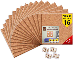 B&Z Cork board Square Self Adhesive Sticky Cork, Tiles Mini Wall Bulletin Boards Message Notice Board Wooden Push Pin Board | 2 THICKNESS - 2 SIZES - 5 PACKS