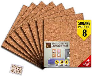 B&Z Cork board Square Self Adhesive Sticky Cork, Tiles Mini Wall Bulletin Boards Message Notice Board Wooden Push Pin Board | 2 THICKNESS - 2 SIZES - 5 PACKS