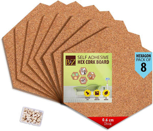 B&Z Self Adhesive Sticky Cork board Hexagon Tiles Mini Wall Bulletin Boards Pin Message Notice Board Wooden Push Pin Board | 2 THICKNESS - 2 SIZES - 5 PACKS