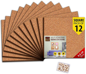 B&Z Cork board Square Self Adhesive Sticky Cork, Tiles Mini Wall Bulletin Boards Message Notice Board Wooden Push Pin Board | 2 THICKNESS - 2 SIZES - 5 PACKS