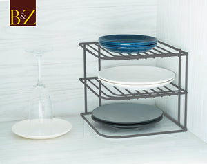 B&Z Cabnet Storage Shelf rack - 3 Tier Cabnet Dish Rack - Corner Dish Organizer - Work Top Kitchen Plate Organizer | Heavy Duty, Multipurpose, Spacious & Rust Free - (22.5 x 22.5 x 20cm)