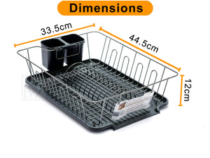 B&Z Nickle Dish Drying Rack with Dripping Tray & Cutlery Holder | Countertop Metal Dish Drainer Plate Organizer - CHROME BLACK | Anti Rust & Durable (44.5 x 33.5 x 12cm)