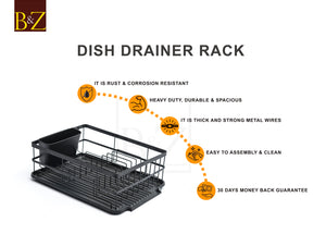 B&Z Rust proof Plastic Coated Large Dish Drying Rack, Over the Sink Dish Rack with Removable Utensil Holder Cutlery Tray for Kitchen - Mat Black