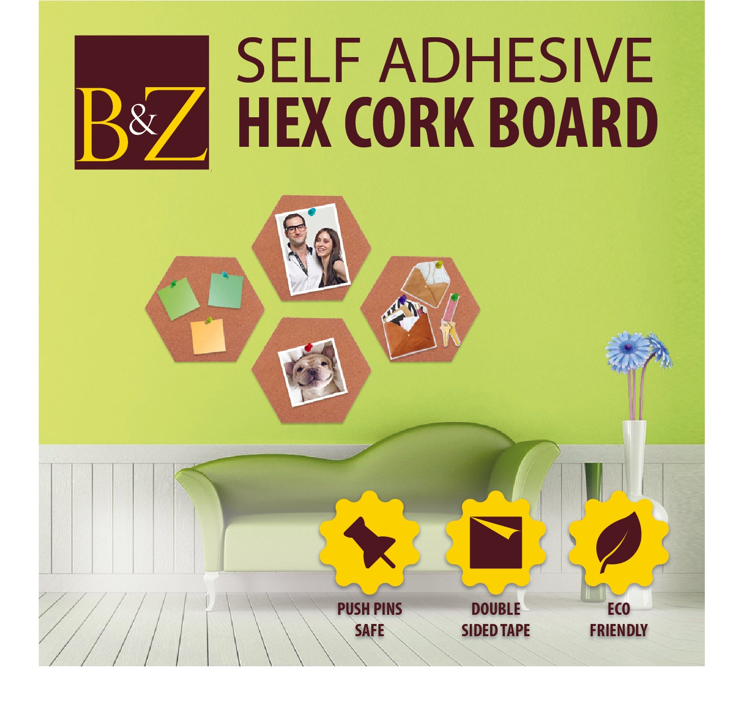  Hexagon Cork Tiles, 10 Pack with 50 Wooden Clamp Push Pins, .31 Thick, Ultra Strong Self Adhesive Backing, 8.07 x 7