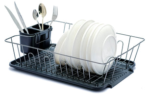 B&Z Nickle Dish Drying Rack with Dripping Tray & Cutlery Holder | Countertop Metal Dish Drainer Plate Organizer - CHROME BLACK | Anti Rust & Durable (44.5 x 33.5 x 12cm)