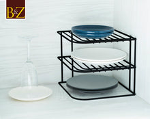 Load image into Gallery viewer, B&amp;Z Cabnet Storage Shelf rack - 3 Tier Cabnet Dish Rack - Corner Dish Organizer - Work Top Kitchen Plate Organizer | Heavy Duty, Multipurpose, Spacious &amp; Rust Free - (22.5 x 22.5 x 20cm)
