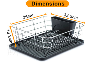 B&Z Rust Proof Plastic Coated Small Dish Drying Rack - Chrome & Black with Removable Utensil Holder Cutlery Tray | Anti Rust Over the Sink Dish Rack - 36 x 32.5 x 13.2cm