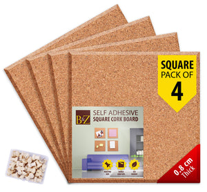 B&Z Cork board Square Self Adhesive Sticky Cork, Tiles Mini Wall Bulletin Boards Message Notice Board Wooden Push Pin Board | 2 THICKNESS - 2 SIZES - 5 PACKS