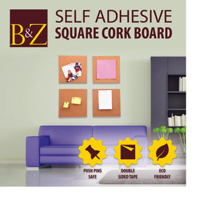 B&Z Cork board Square Self Adhesive Sticky Cork, Tiles Mini Wall Bulletin Boards Message Notice Board Wooden Push Pin Board | 2 THICKNESS - 2 SIZES - 5 PACKS