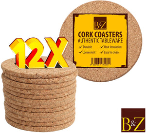 B&Z - 12 X Cork Cup Coasters Plain Round Thermal Insulation Cork Placemat Coffee,Tea ,Drink, Mug Pad Non-Slip Mat Coasters Set of 12 | 10cm x 10cm x 0.6cm