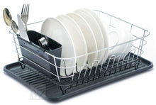Load image into Gallery viewer, B&amp;Z Rust Proof Plastic Coated Small Dish Drying Rack - Chrome &amp; Black with Removable Utensil Holder Cutlery Tray | Anti Rust Over the Sink Dish Rack - 36 x 32.5 x 13.2cm
